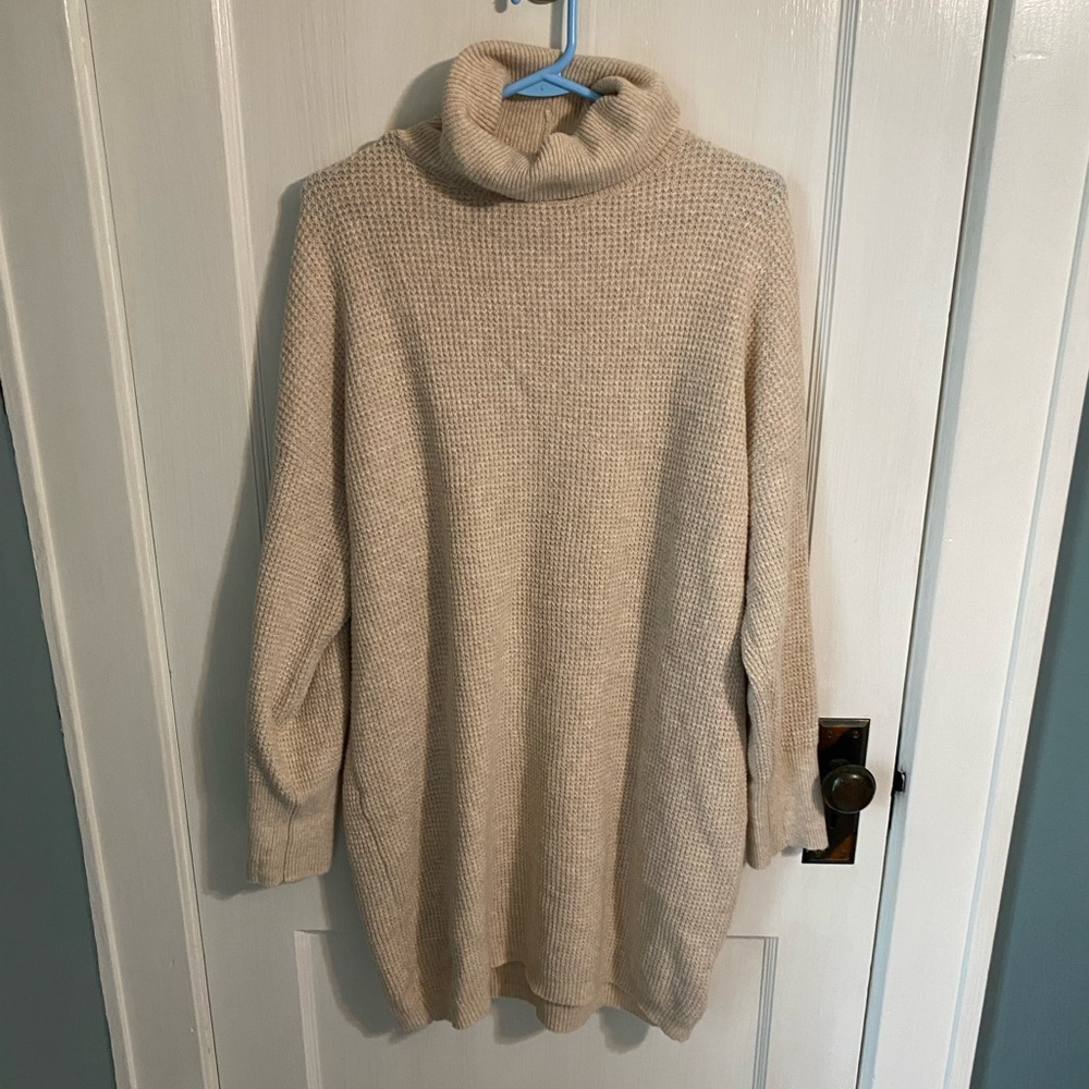 Cowl neck waffle knit sweater dress
